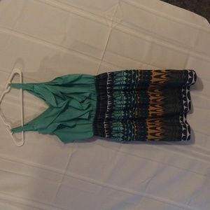 Aqua dress with gold and white print skirt, size L-XL